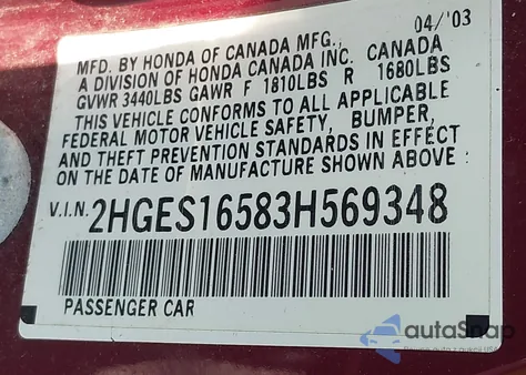 2003 Honda Civic Lx z USA, uszkodzony, nr VIN 2HGES16583H569348